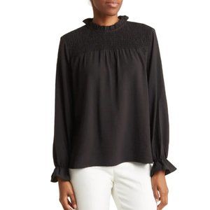 PATRIZIA LUCA Smocked Yoke Long Sleeve Blouse Black Medium